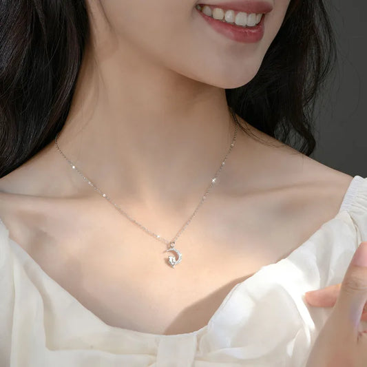 Silver Zircon Moon Cat Necklace
