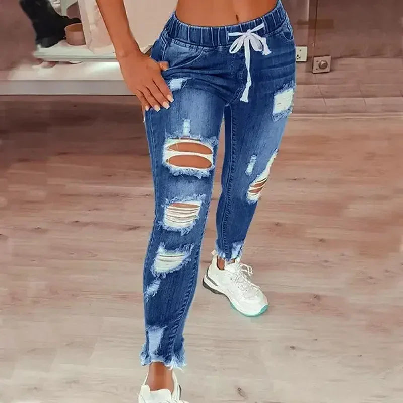 High European and American Waist Ripped Jeans