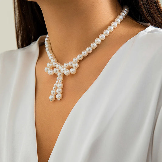 White Beads Bow Choker Necklace
