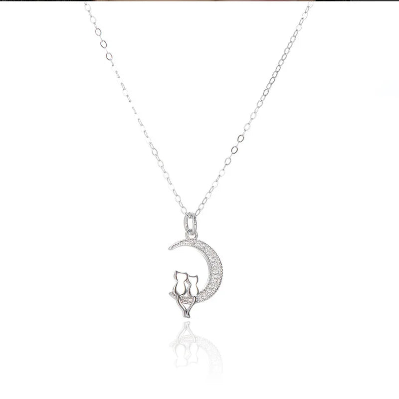 Silver Zircon Moon Cat Necklace