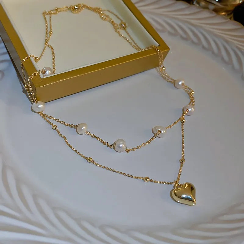 Elegant and Exquisite Double-layer Pearl Love Pendant Necklace