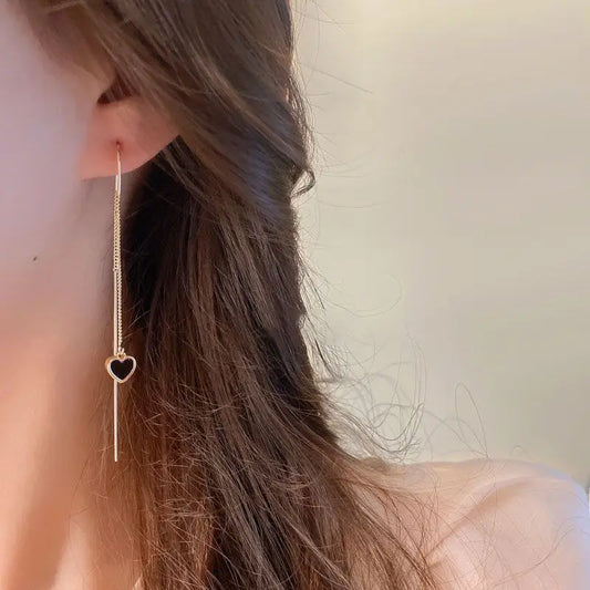 Black Heart Ear Line Long Hanging Earrings