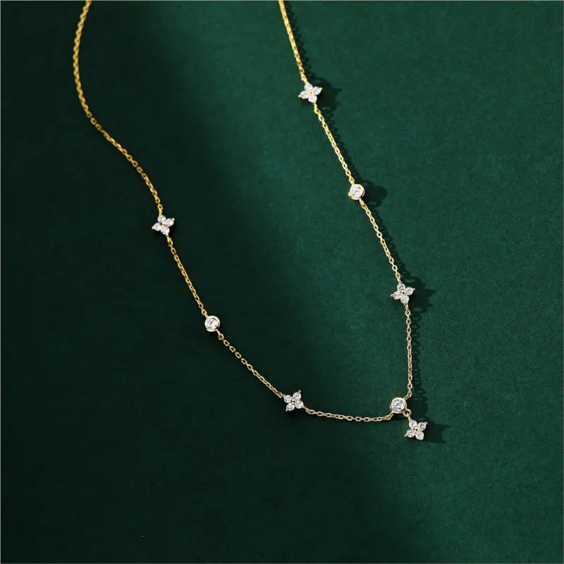 Inlaid Zircon Four-leaf Flower Chain Necklace