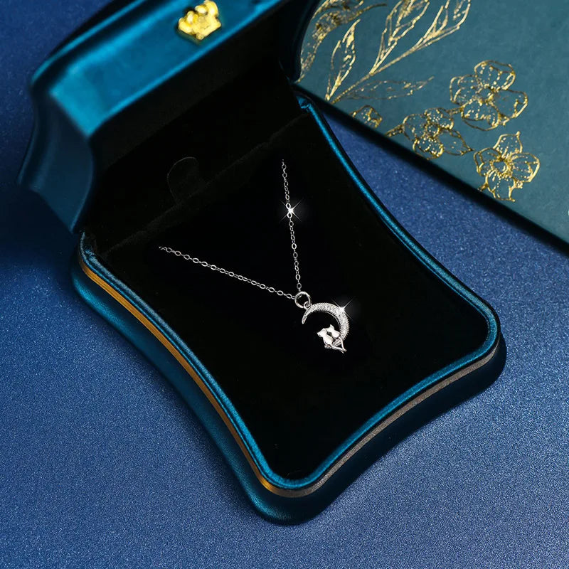 Silver Zircon Moon Cat Necklace