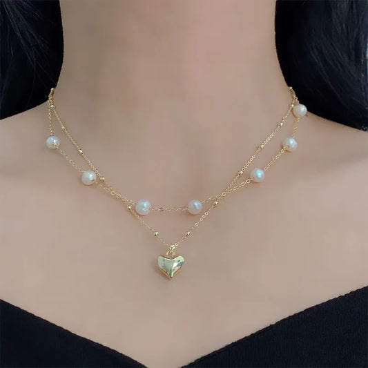 Elegant and Exquisite Double-layer Pearl Love Pendant Necklace