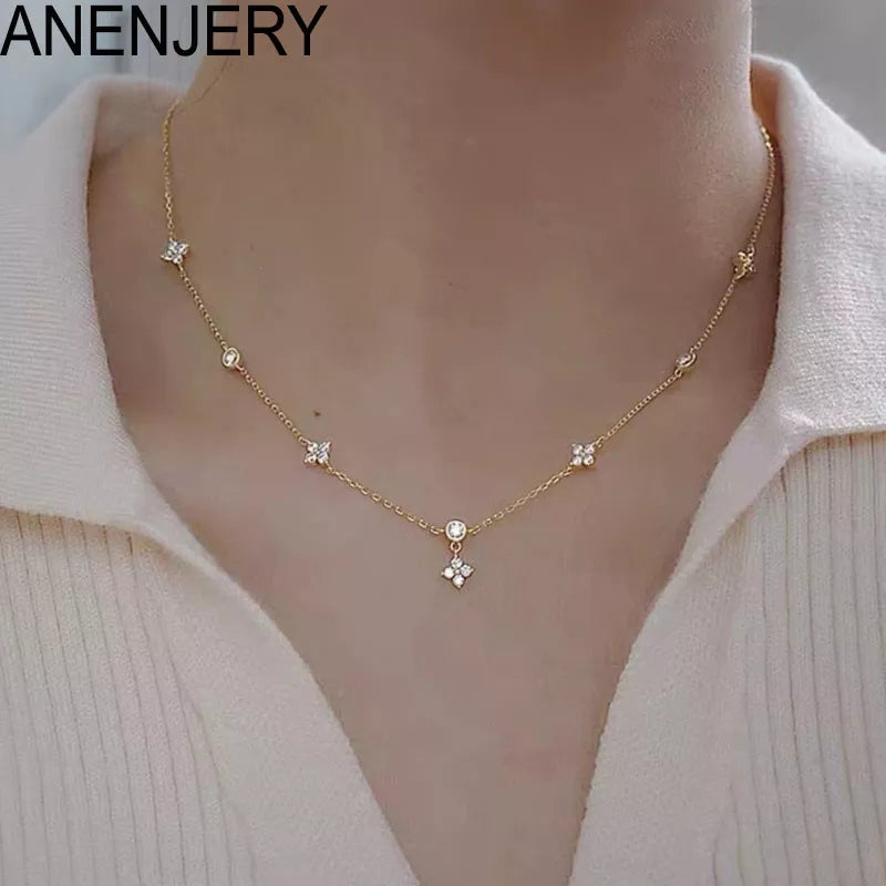 Inlaid Zircon Four-leaf Flower Chain Necklace