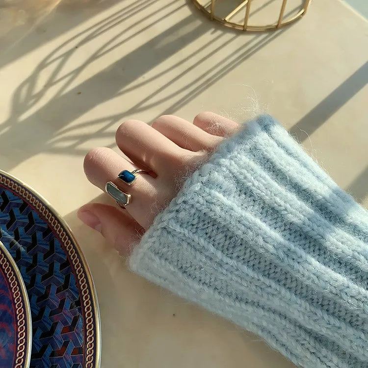 French New Retro Square Blue Oil Dripping Ring