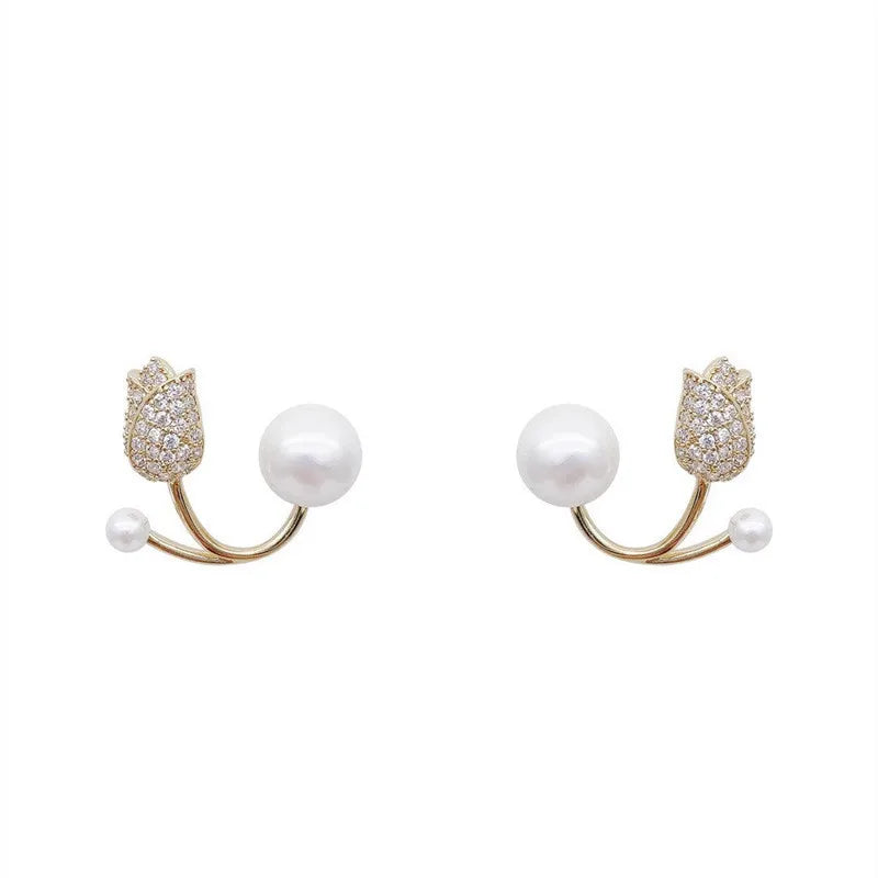 French Light Luxury Crystal Tulip Flower Stud Earrings