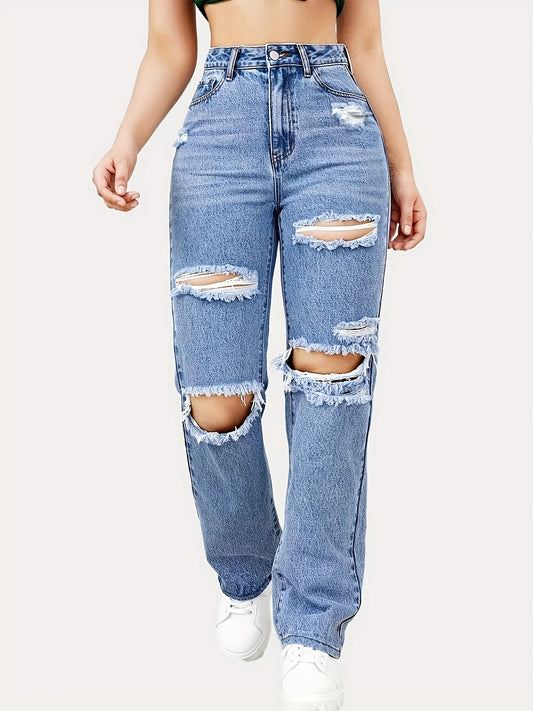 Blue Ripped Baggy Straight Jeans