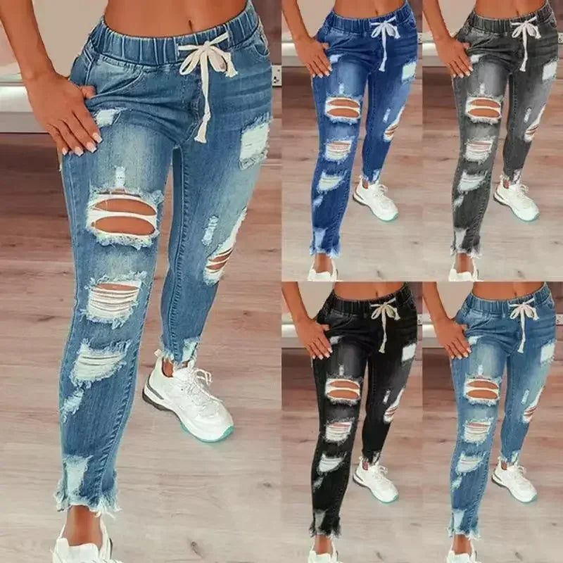 High European and American Waist Ripped Jeans