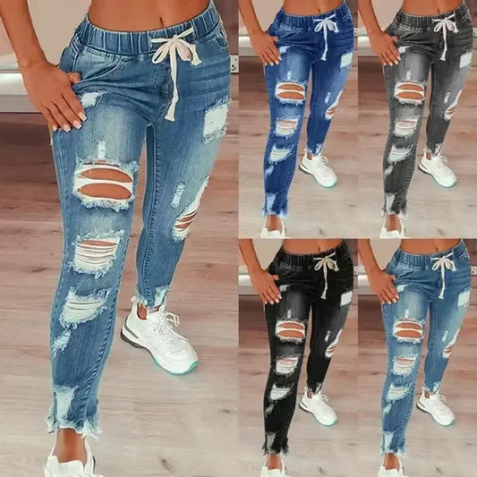High European and American Waist Ripped Jeans