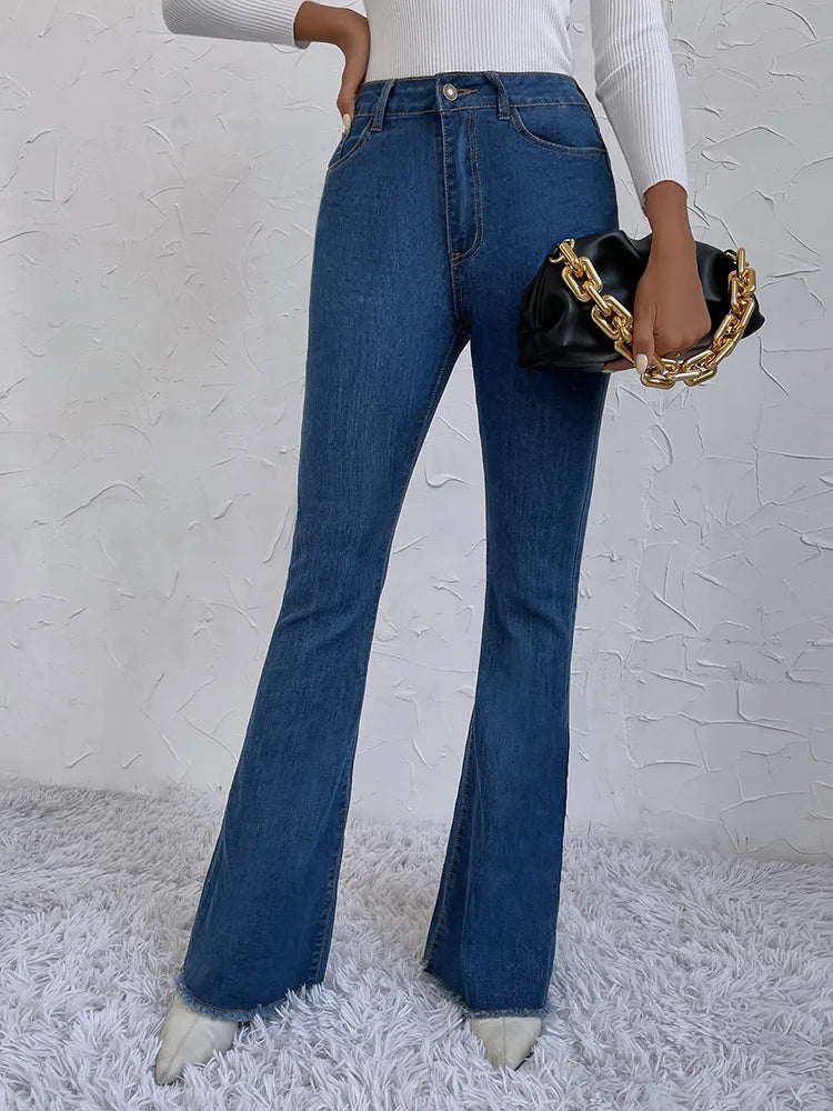 Button Fly Women's Raw Hem Flare Jeans